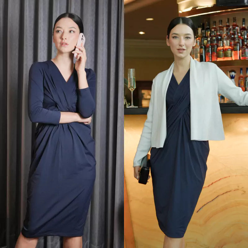 kayme ケイミー ネイビー ギャザーワンピース ドレス カシュクール 11号 再入荷】ネイビー カシュクールワンピース– kay me