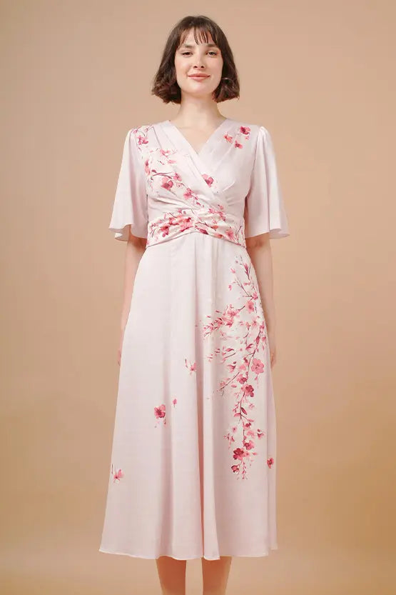 【ストレッチジョーゼット】SAKURA ベル袖フレアワンピース