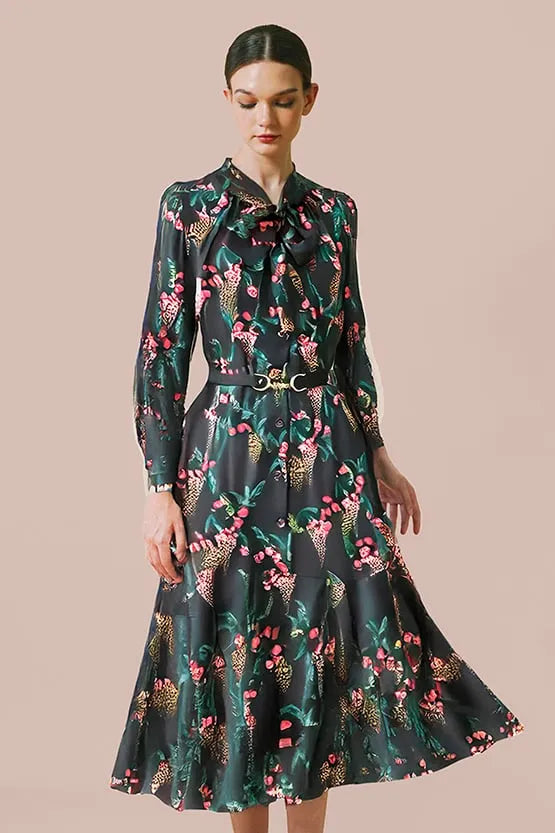 Stretch Chiffon:Black Garden Mermaid Dress With Tie