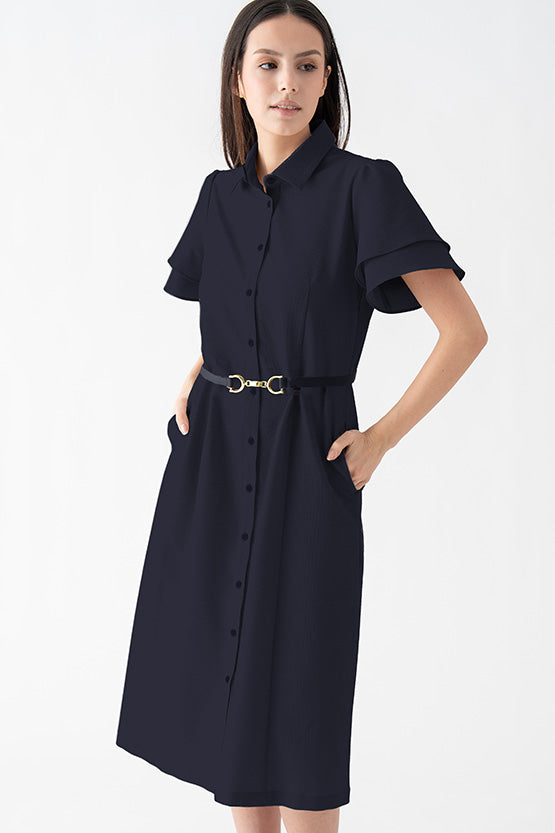 【清涼素材ストレッチ】ネイビー ボウタイ付きシャツワンピース