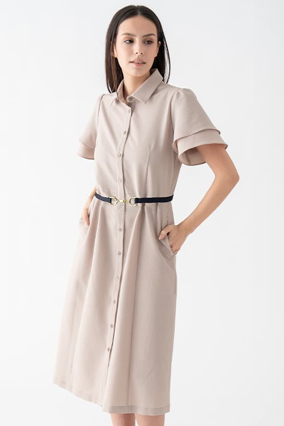 【ストレッチ】ベージュ×ブラック ボウタイ付きシャツワンピース