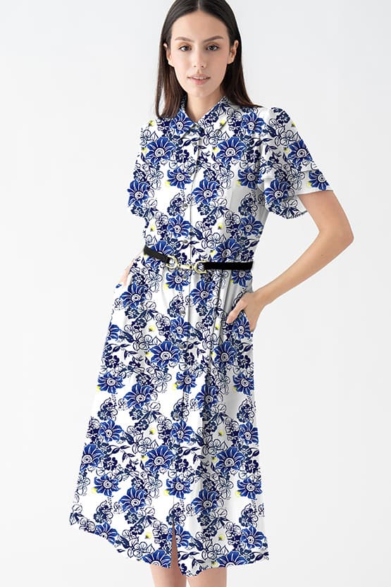 【ストレッチシフォン】藍ほたる ボウタイ付きシャツワンピース