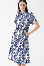 【ストレッチシフォン】藍ほたる ボウタイ付きシャツワンピース