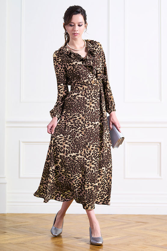 【ストレッチシフォン】 レオパード シフォンフリルロング