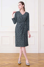 Navy Tweed Print V-neck Daily Dress