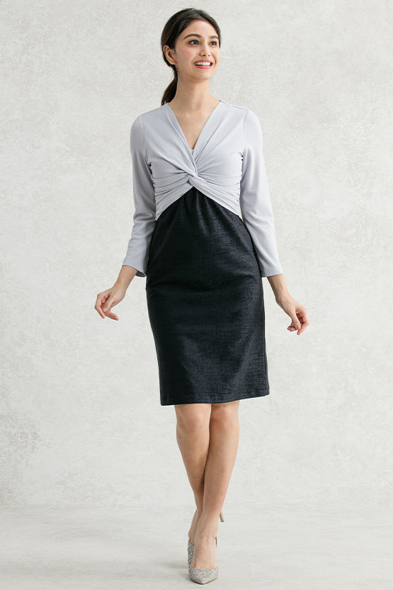 【Set-up】Lavender x Navy Jacquard Docking Twist Dress