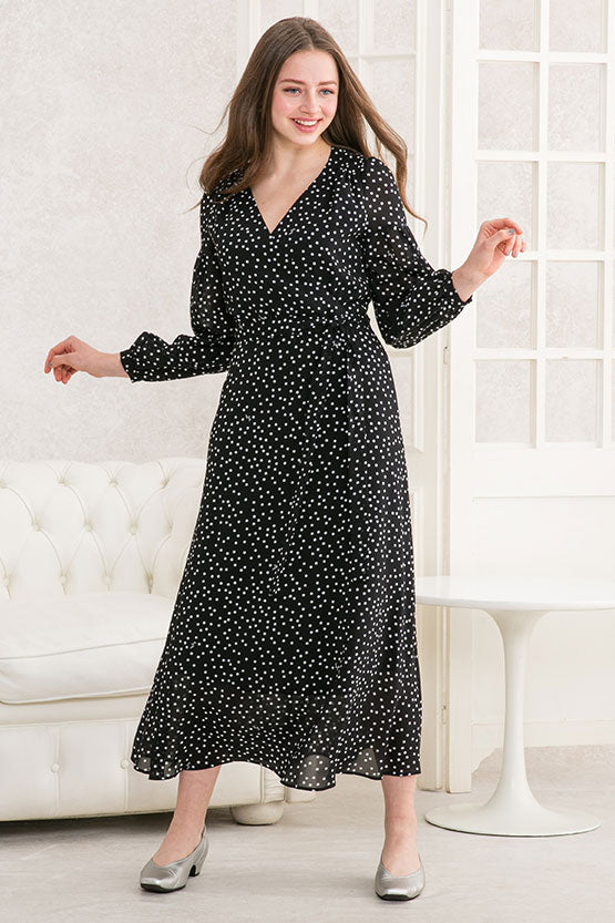 【ストレッチシフォン】 ネイビータイニードット シフォンカシュクールロング