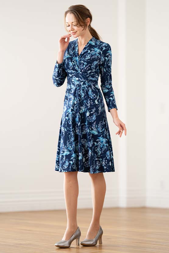 Blue Botanical Cache-coeur Dress