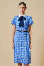 Stretch Chiffon:Lapis Lattice Shirt Dress With Bowtie