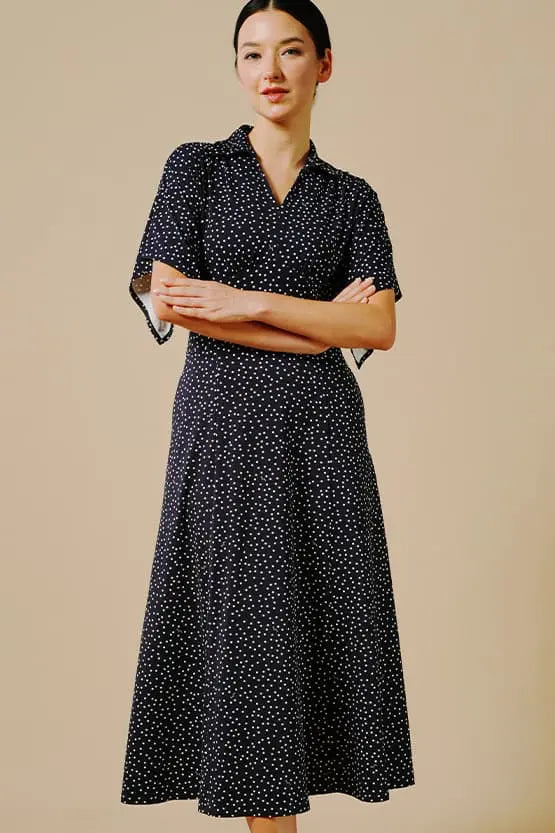 4-Way Stretch:Navy Dot Collared Flared Dress