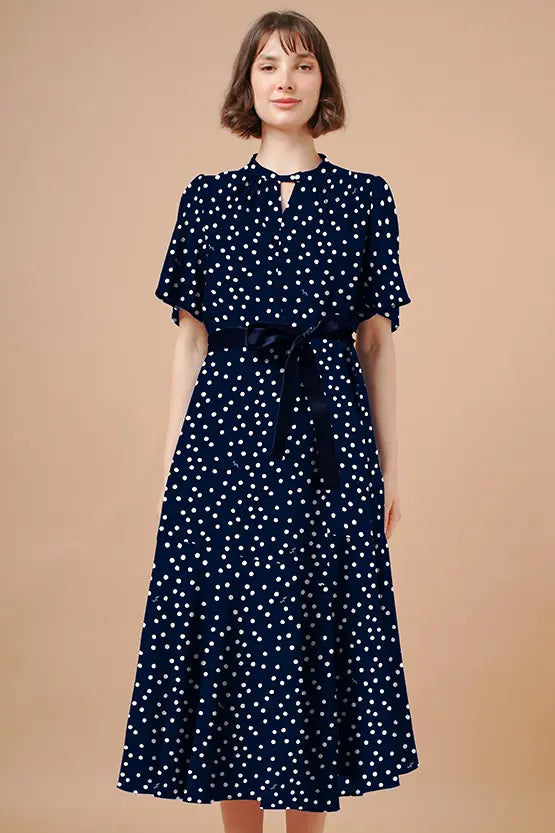 【ストレッチシフォン】ネイビーラージドット ロングマーメイドワンピース