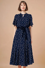 【ストレッチシフォン】ネイビーラージドット ロングマーメイドワンピース