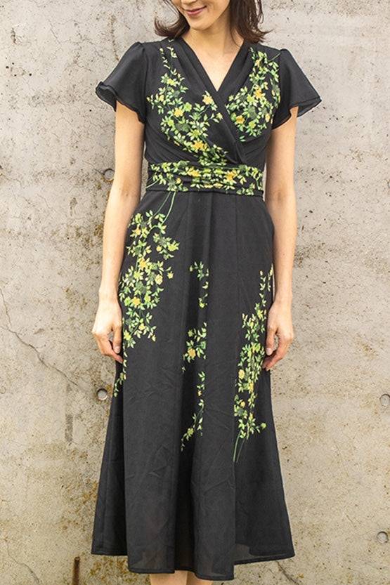【ストレッチシフォン】墨の花 ロングマリリンワンピース