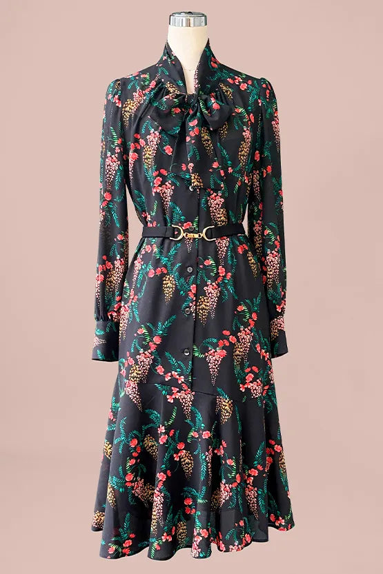 Stretch Chiffon:Black Garden Mermaid Dress With Tie
