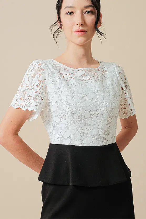 Stretch Lace: White Lace X Black Peplum Docking Dress