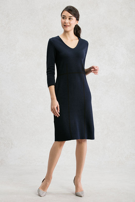 【洗えるニット】ネイビー ラインニットワンピース