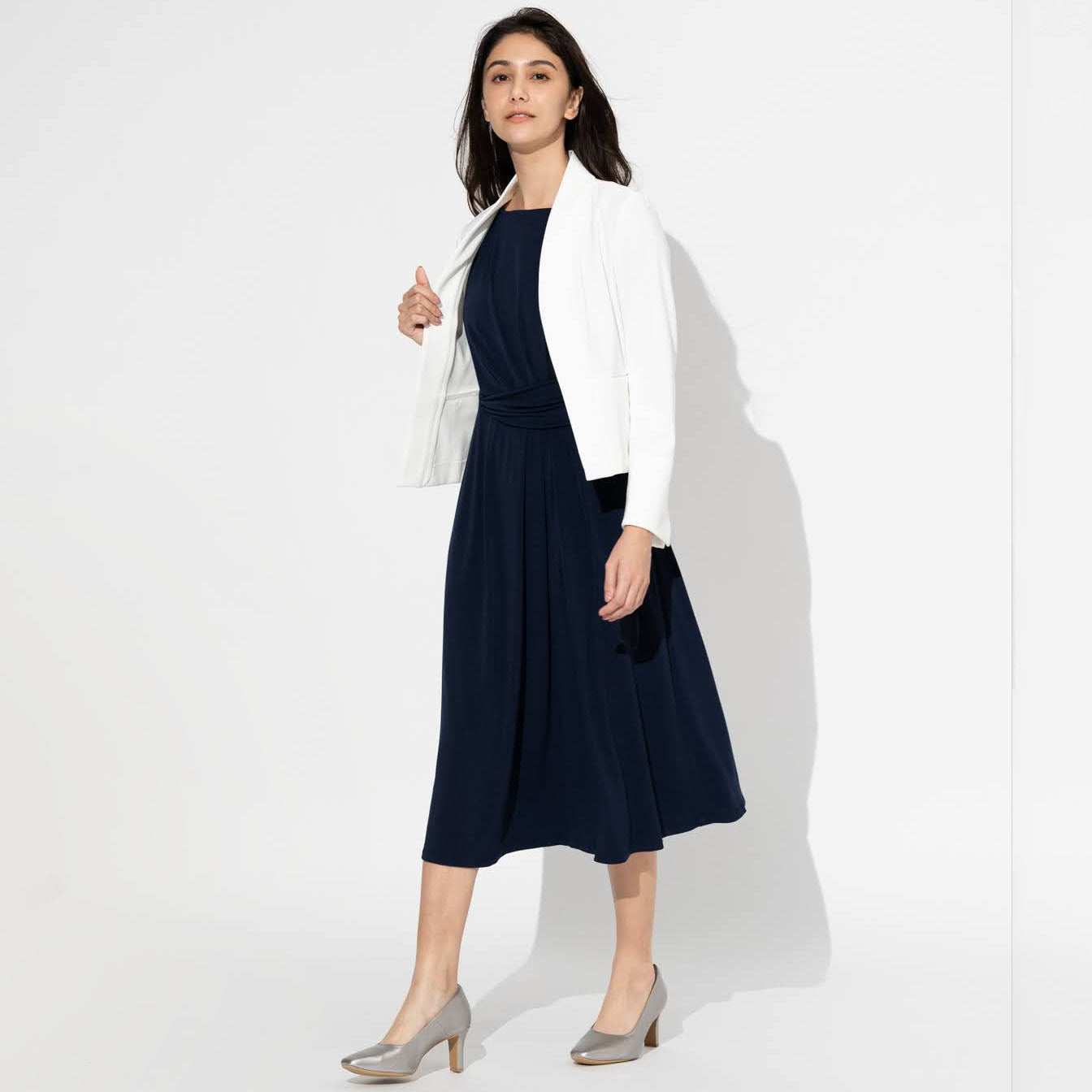 A clean white jacket for an office-like look