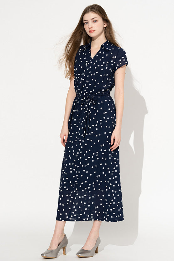 【ストレッチシフォン】 ネイビーkay meローズドット 衿付きカシュクールシフォンロング