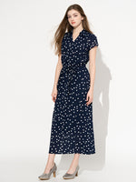 【ストレッチシフォン】 ネイビーkay meローズドット 衿付きカシュクールシフォンロング