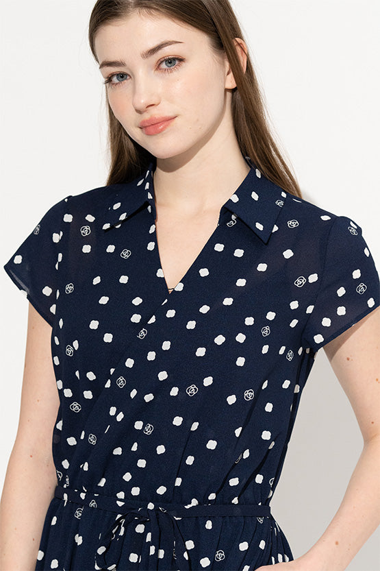 【ストレッチシフォン】 ネイビーkay meローズドット 衿付きカシュクールシフォンロング