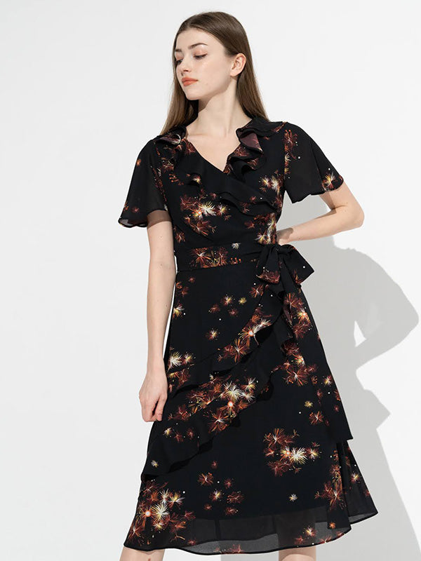 【ストレッチシフォン】 線香花火 フリルシフォンワンピース