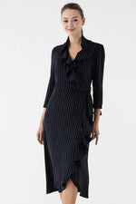 Navy Pinstripe Collared Frill Wrap Dress