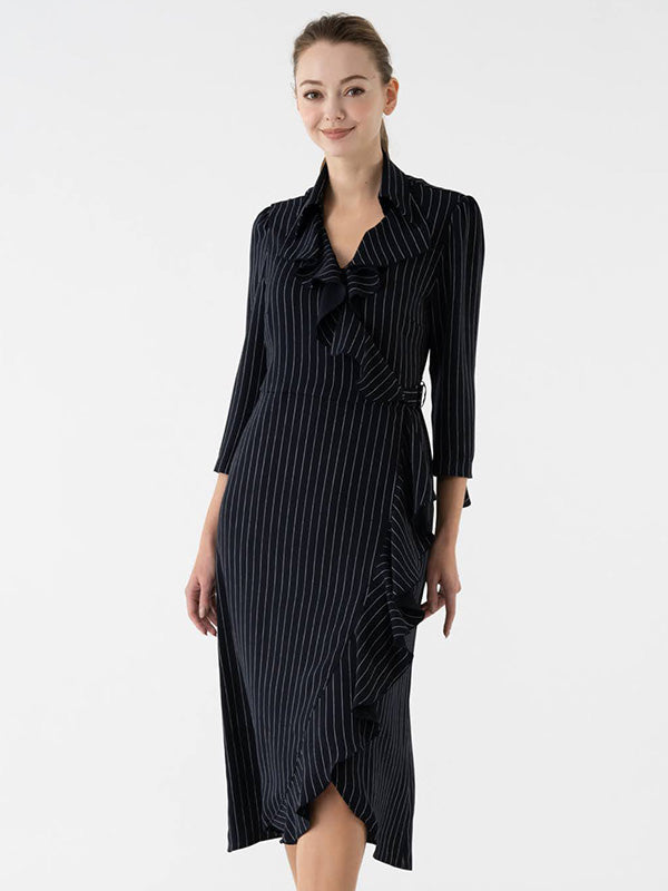 Navy Pinstripe Collared Frill Wrap Dress
