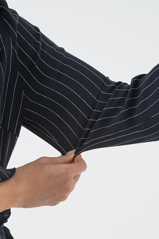 Navy Pinstripe Collared Frill Wrap Dress