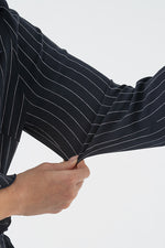 Navy Pinstripe Collared Frill Wrap Dress