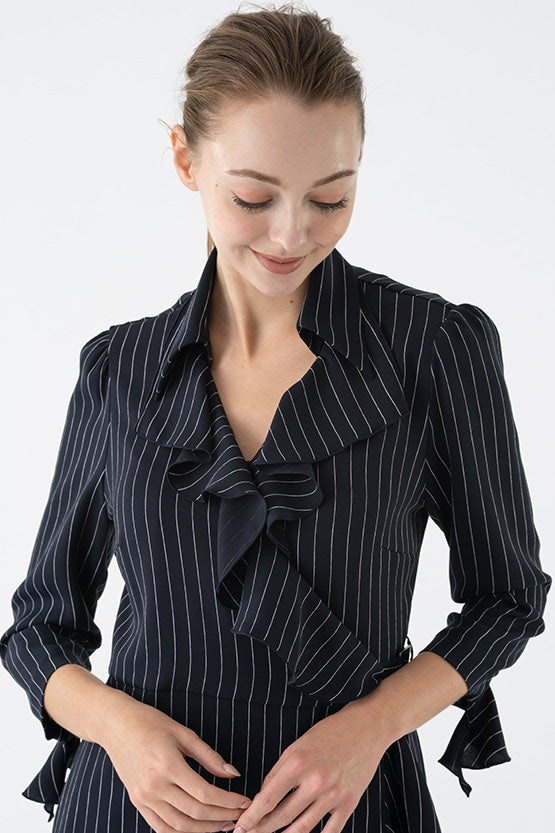 Navy Pinstripe Collared Frill Wrap Dress