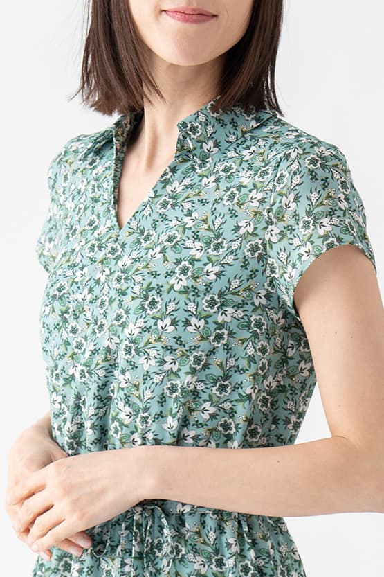 【ストレッチシフォン】グリーンプティフラワー 衿付きカシュクールシフォンロング