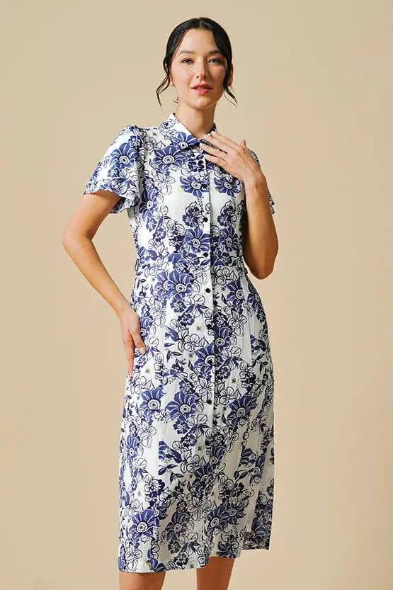 【ストレッチシフォン】藍ほたる ボウタイ付きシャツワンピース