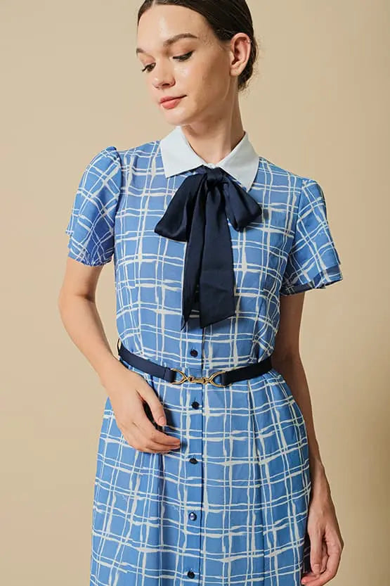 Stretch Chiffon:Lapis Lattice Shirt Dress With Bowtie