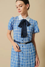 Stretch Chiffon:Lapis Lattice Shirt Dress With Bowtie