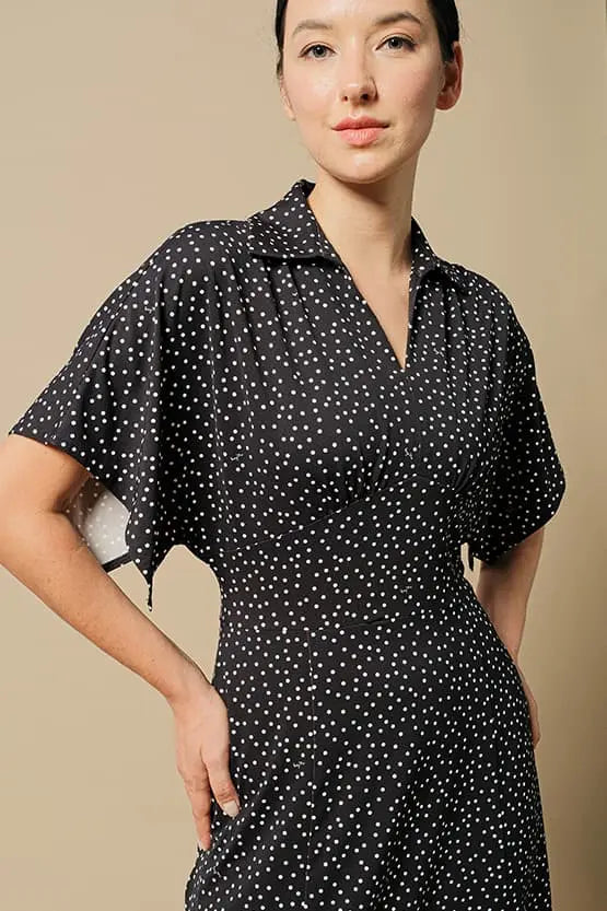 4-Way Stretch:Navy Dot Collared Flared Dress