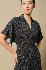 4-Way Stretch:Navy Dot Collared Flared Dress