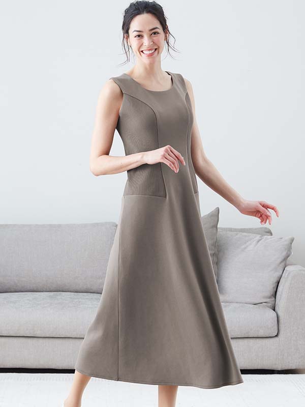 Long Length:Taupe Ribbed Flared Long Dress