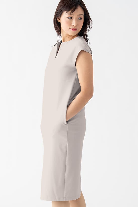 Smart Stretch Greige Split Neck Sack Dress