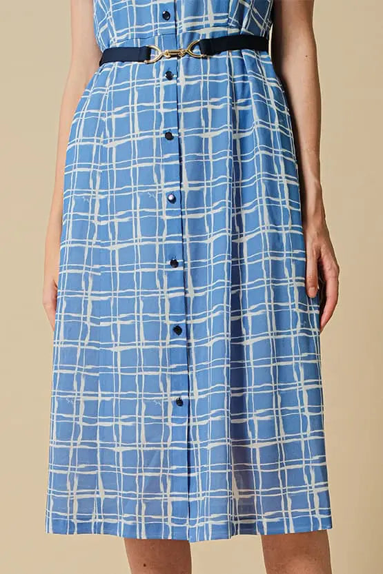 Stretch Chiffon:Lapis Lattice Shirt Dress With Bowtie