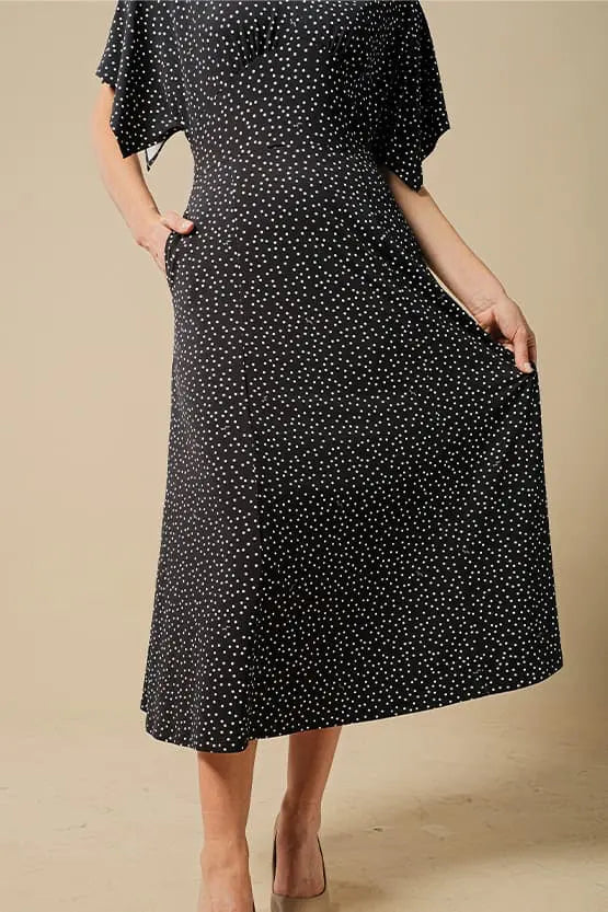 4-Way Stretch:Navy Dot Collared Flared Dress