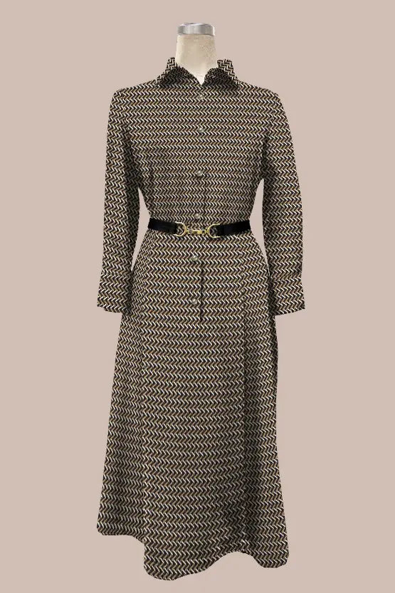 Chiffon Georgette:Monogram Brown Shirt Dress With Bowtie