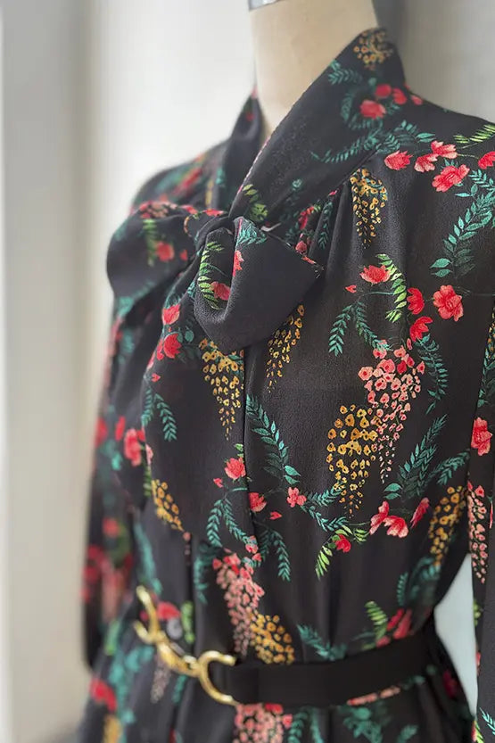 Stretch Chiffon:Black Garden Mermaid Dress With Tie