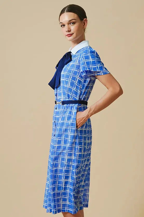 Stretch Chiffon:Lapis Lattice Shirt Dress With Bowtie
