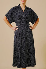 4-Way Stretch:Navy Dot Collared Flared Dress