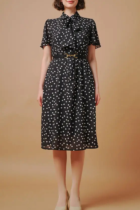 【ストレッチシフォン】モノトーンラージドット ドラマチックワンピース