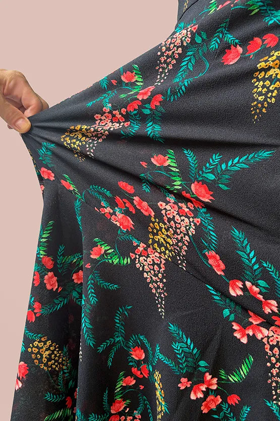 Stretch Chiffon:Black Garden Mermaid Dress With Tie