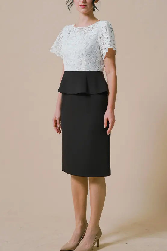 Stretch Lace: White Lace X Black Peplum Docking Dress