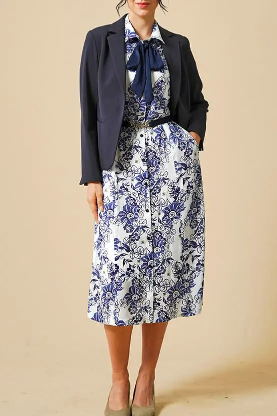 【ストレッチシフォン】藍ほたる ボウタイ付きシャツワンピース
