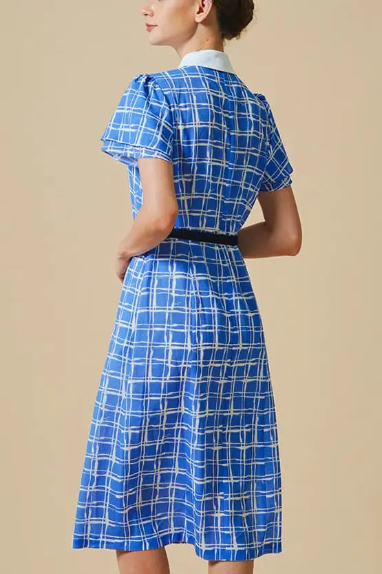 Stretch Chiffon:Lapis Lattice Shirt Dress With Bowtie