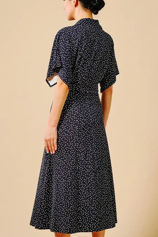 4-Way Stretch:Navy Dot Collared Flared Dress